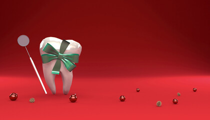 Tooth character with bow ribbon, Concept for dental clinic promotion of annual check up for new year and Christmas. 3d rendering