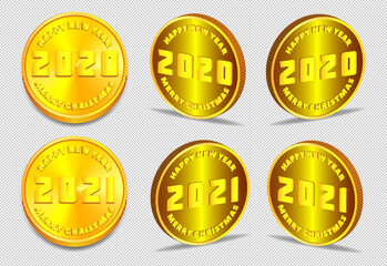 3D set of gold coin tokens dedicated to the winter holidays. Happy New Year and Merry Christmas. 2020 and 2021. EPS10