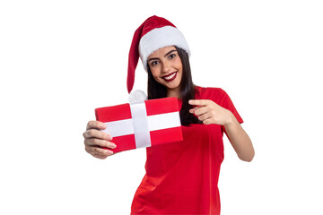 Woman with Christmas hat holding a gift, isolated on white background.