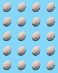 Group of chicken eggs on pastel blue background.