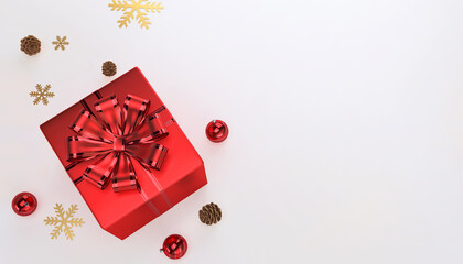 Christmas banner background, Composition  of red gift box, glitter gold confetti ,snow flakes and ornaments with copy space for text. Concept for holidays and new year festival.