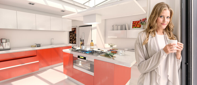 Woman having a coffee in a modern red kitchen