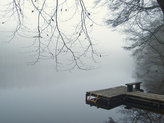 Foggy lake landscape with landing stage for boat. Lake, water and tree in the fog. Mystic trees...