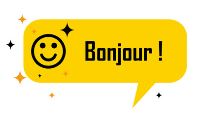 bonjour in yellow dialog bubble and stars © nali