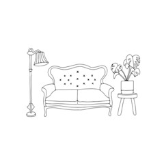 Living room interior sketch outline doodle. Vintage sofa, standing lamp, monstera leaves plant with pot. Modern living. Vector illustration