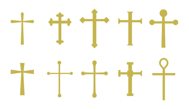 Set of golden christian crosses in vector