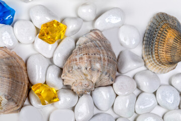 Bright background of their colored stones and seashells.