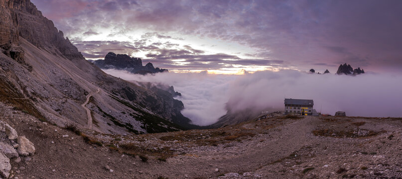 Foggy morning - Panoramic view of Dolomites Alps
