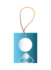blue hang tag with white and branding