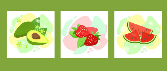 Set fruit for a Healthy diet. Fresh vitamins avocado strawberry watermelon.
