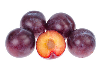 Ripe round sweet plum on white background