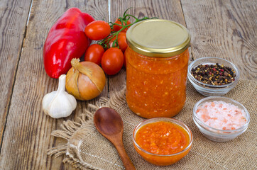 Sauce, an appetizer of seasonal vegetables in glass