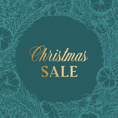 Christmas Sale Discount Hand Drawn Sketch Pine or Spruce Wreath, Banner or Card Template. Abstract Holiday Promo Vector Illustration with Golden Glitter Gradient Typography. Green Background