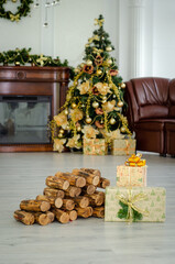 Fototapeta na wymiar Christmas decorated interior with gift boxes and firewood timber stack