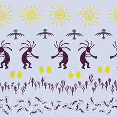 Folk, design with lizard, Kokopelli fertility deity, sun, eagle, cacti.
