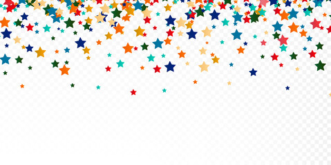 Festive multi-colored star confetti on a white transparent background. - obrazy, fototapety, plakaty