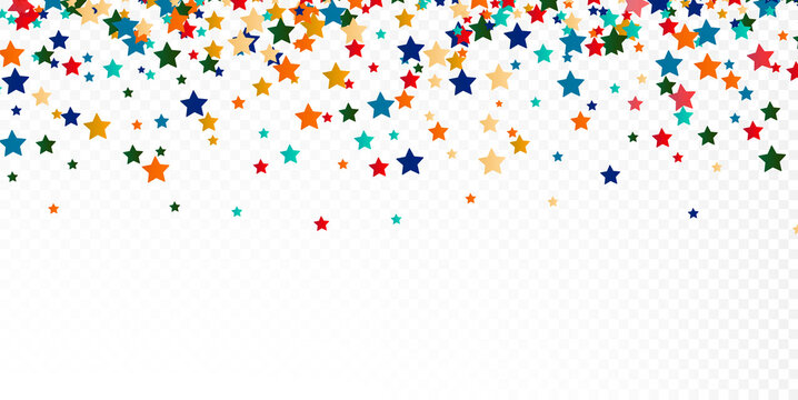 Festive multi-colored star confetti on a white transparent background.
