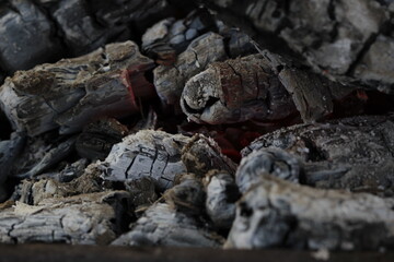 Smoldered logs burned in vivid fire close up. Atmospheric background with flame of campfire....