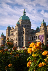 Parliament Building Morning British Columbia. Flowers in front of the parliament building in Victoria, British Columbia.

