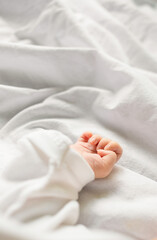 Sleeping newborn baby in a wrap on white blanket. Beautiful portrait of little child girl, one week old.