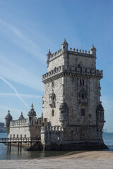 View of the medieval Belem tower in border river at Lisbon Portugal