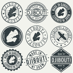 Djibouti Set of Stamps. Travel Stamp. Made In Product. Design Seals Old Style Insignia.