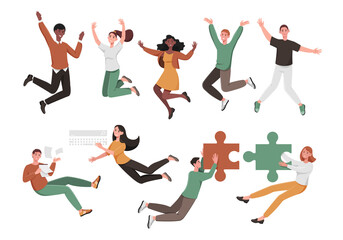 Large set of diverse active people jumping and leaping or floating with business accessories and puzzle pieces conceptual of teamwork isolated on white for design elements, colored vector illustration