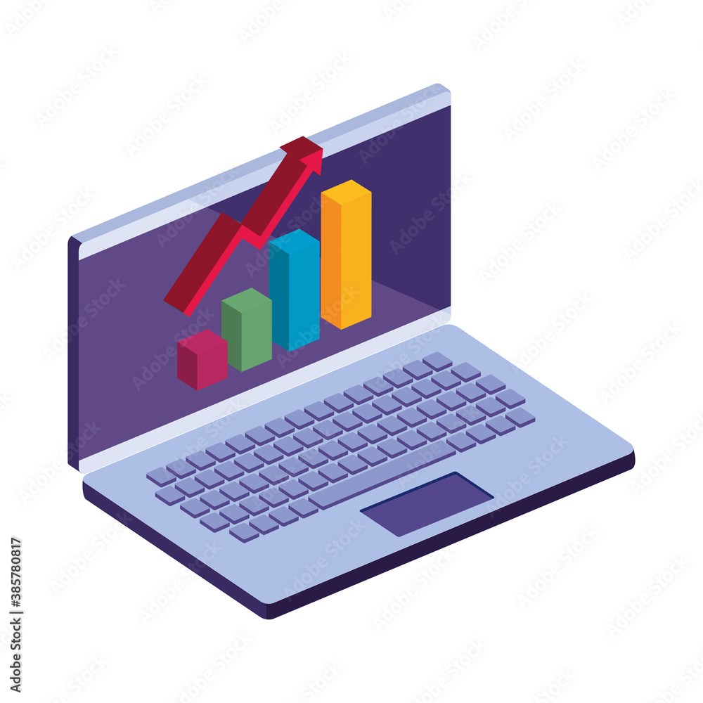 Poster bars chart with increase arrow on laptop 3d design, data analysis and information theme vector illus