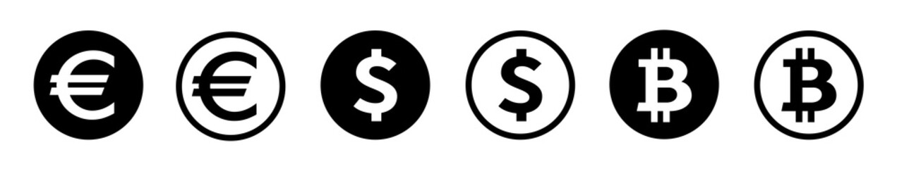 Money Euro, Dollar and cryptocurrency coin icons pack. Internet flat icon symbol for applications.