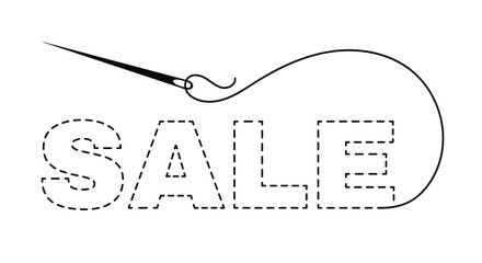 Silhouette of word "sale" with interrupted contour. Vector illustration of handmade work with embroidery thread and needle on white background for sales and discounts.