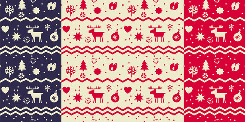 Christmas deer, birds, hearts and stars pattern