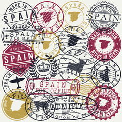 Obraz premium Spain Set of Stamps. Travel Passport Stamp. Made In Product. Design Seals Old Style Insignia. Icon Clip Art Vector.