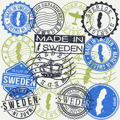 Sweden Set of Stamps. Travel Passport Stamp. Made In Product. Design Seals Old Style Insignia. Icon Clip Art Vector.