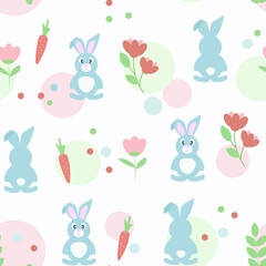 Easter seamless pattern with the cute rabbits. Summer background with hares, carrots and flowers. For paper, covers, fabric, gift wrapping