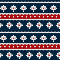 Seamless blue red and white colors knitted pattern. Warm and cozy style winter vector illustration. Sweater or pullover hand made.