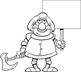 Black and white illustration of a smiling knight holding a sign and a battle axe.