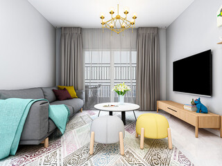 Modern living room with sofa, TV, etc
