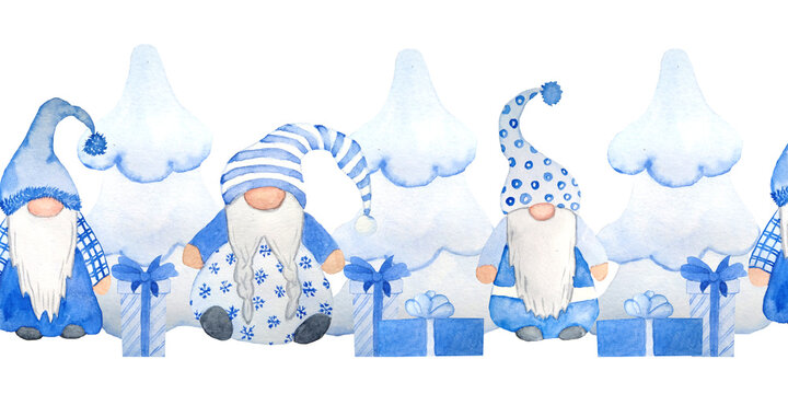 Watercolor hand drawn seamless horizontal pattern of Christmas nordic scandinavian gnome. Design for new year cards invitations in neutral blue grey. Christmas tree presents gifts ornament cartoon.