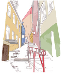 Colourful sketch of narrow street in cartoon style. Old town concept. Vector illustration