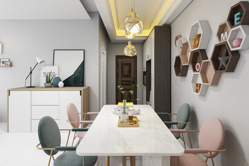 There are bright chairs and dining room facilities