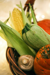 set of autumn vegetables in a wicker basket close-up