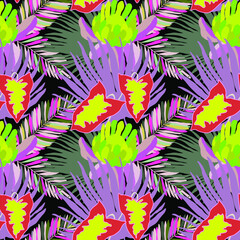 Creative seamless pattern with tropical leaves. Trendy pattern with hand drawn exotic plants. Swimwear botanical design. Jungle exotic summer print.