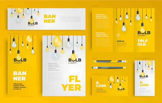 Lighting theme lightbuld lamn Set flyer cover, tri-fold, banner, roll up banner, business card