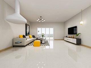 The modern living room has sofa and TV