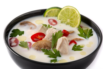 Traditional Thai food Tom Kha Gai in bowl isolated on white background