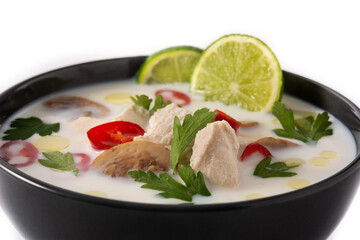 Traditional Thai food Tom Kha Gai in bowl isolated on white background