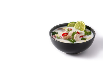 Traditional Thai food Tom Kha Gai in bowl isolated on white background.Copy space