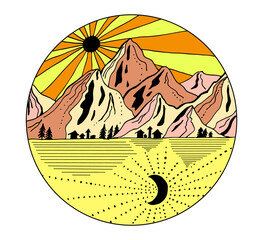 Hand drawn mountains with sun and moon. Line art landscape vector illustration in circle. Yellow and orange art in doodling style.