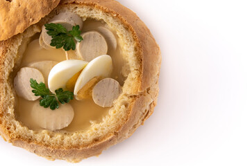 Zurek. Traditional Polish soup isolated on white background. Copy space