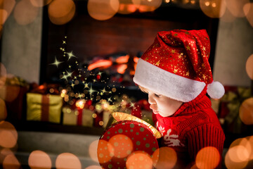 Surprised child opening Christmas gift